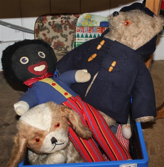 Paddington Bear, 2 gollies & soft toy nightdress case